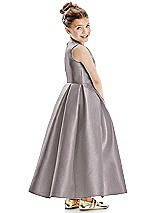 Rear View Thumbnail - Cashmere Gray Faux Wrap Pleated Skirt Satin Twill Flower Girl Dress with Bow