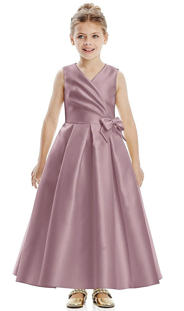 Front View - Dusty Rose Faux Wrap Pleated Skirt Satin Twill Flower Girl Dress with Bow