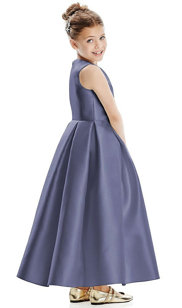Back View - French Blue Faux Wrap Pleated Skirt Satin Twill Flower Girl Dress with Bow