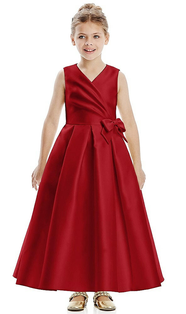 Front View - Garnet Faux Wrap Pleated Skirt Satin Twill Flower Girl Dress with Bow