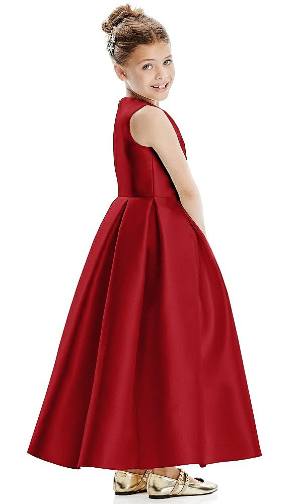 Back View - Garnet Faux Wrap Pleated Skirt Satin Twill Flower Girl Dress with Bow