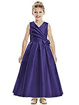 Front View Thumbnail - Grape Faux Wrap Pleated Skirt Satin Twill Flower Girl Dress with Bow
