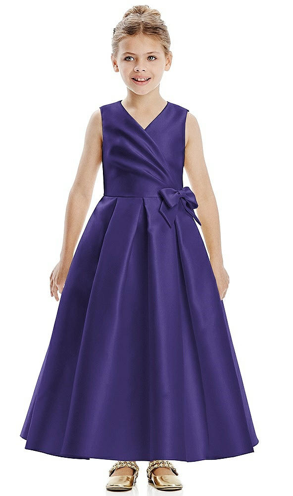Front View - Grape Faux Wrap Pleated Skirt Satin Twill Flower Girl Dress with Bow