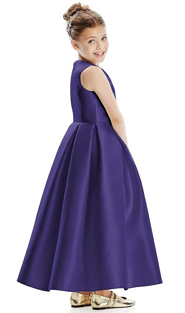 Back View - Grape Faux Wrap Pleated Skirt Satin Twill Flower Girl Dress with Bow
