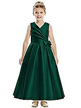 Front View Thumbnail - Hunter Green Faux Wrap Pleated Skirt Satin Twill Flower Girl Dress with Bow