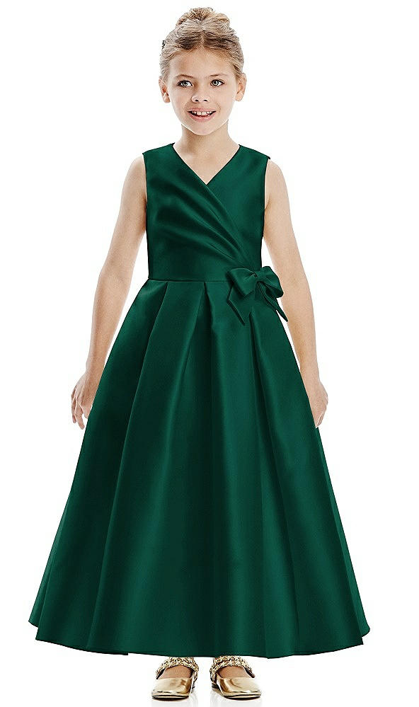 Front View - Hunter Green Faux Wrap Pleated Skirt Satin Twill Flower Girl Dress with Bow