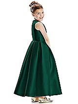 Rear View Thumbnail - Hunter Green Faux Wrap Pleated Skirt Satin Twill Flower Girl Dress with Bow