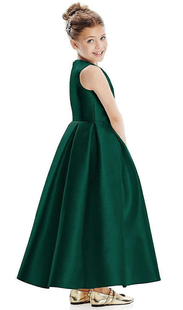 Back View - Hunter Green Faux Wrap Pleated Skirt Satin Twill Flower Girl Dress with Bow