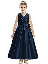 Front View Thumbnail - Midnight Navy Faux Wrap Pleated Skirt Satin Twill Flower Girl Dress with Bow