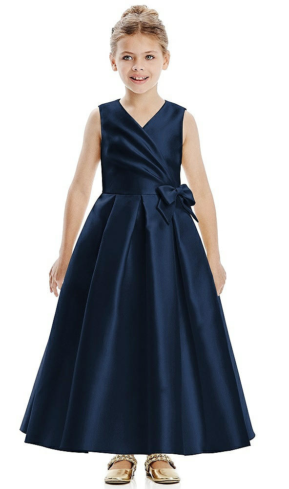 Front View - Midnight Navy Faux Wrap Pleated Skirt Satin Twill Flower Girl Dress with Bow