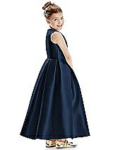 Rear View Thumbnail - Midnight Navy Faux Wrap Pleated Skirt Satin Twill Flower Girl Dress with Bow