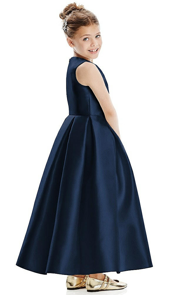 Back View - Midnight Navy Faux Wrap Pleated Skirt Satin Twill Flower Girl Dress with Bow