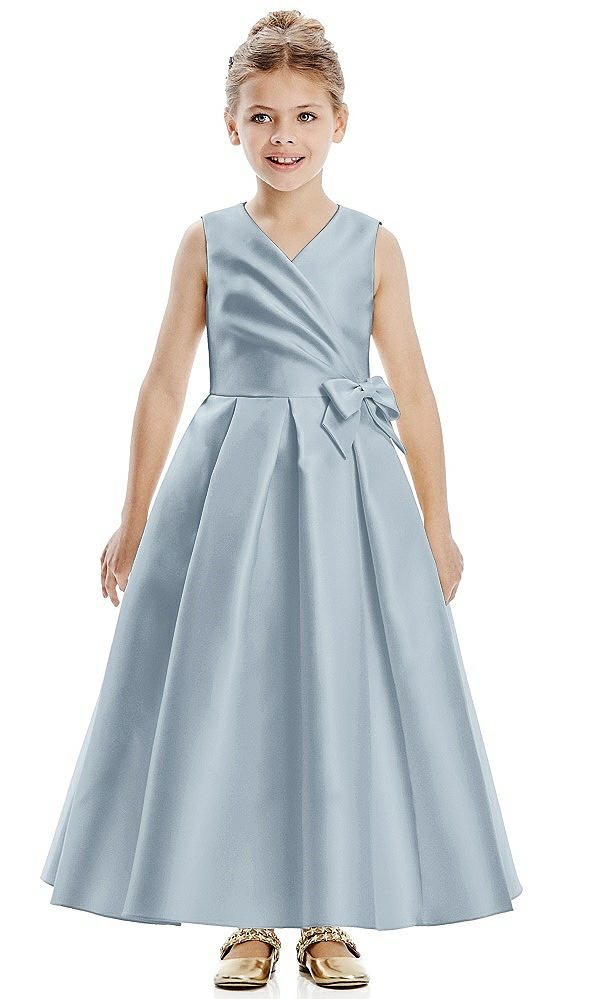 Front View - Mist Faux Wrap Pleated Skirt Satin Twill Flower Girl Dress with Bow