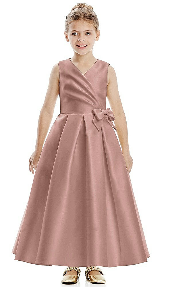 Front View - Neu Nude Faux Wrap Pleated Skirt Satin Twill Flower Girl Dress with Bow