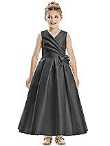 Front View Thumbnail - Pewter Faux Wrap Pleated Skirt Satin Twill Flower Girl Dress with Bow