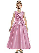 Front View Thumbnail - Powder Pink Faux Wrap Pleated Skirt Satin Twill Flower Girl Dress with Bow