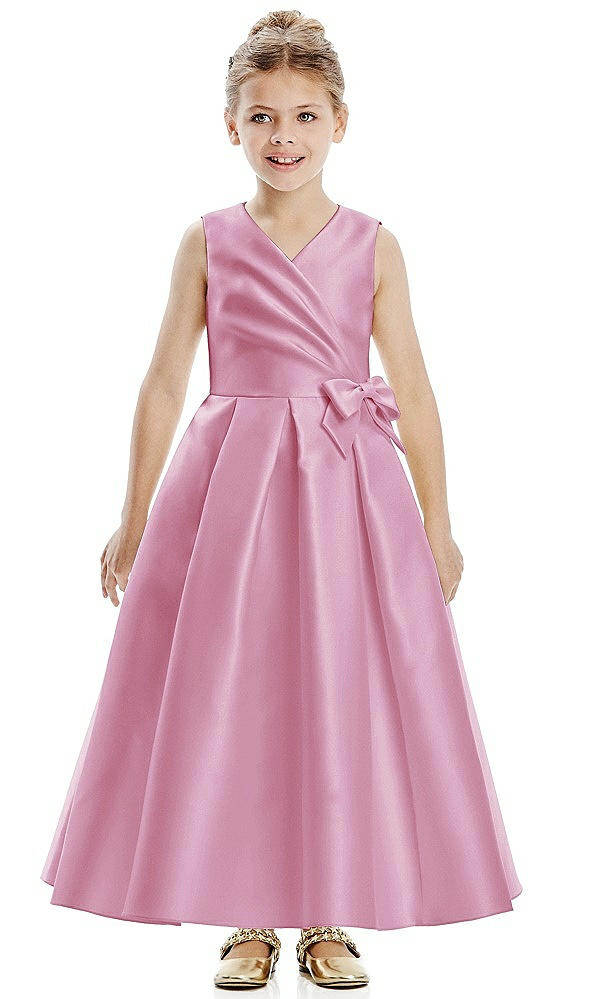 Front View - Powder Pink Faux Wrap Pleated Skirt Satin Twill Flower Girl Dress with Bow