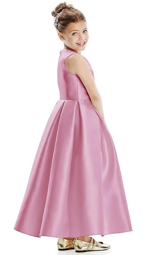 Back View - Powder Pink Faux Wrap Pleated Skirt Satin Twill Flower Girl Dress with Bow