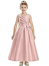 Front View Thumbnail - Rose - PANTONE Rose Quartz Faux Wrap Pleated Skirt Satin Twill Flower Girl Dress with Bow