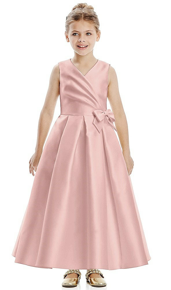 Front View - Rose - PANTONE Rose Quartz Faux Wrap Pleated Skirt Satin Twill Flower Girl Dress with Bow