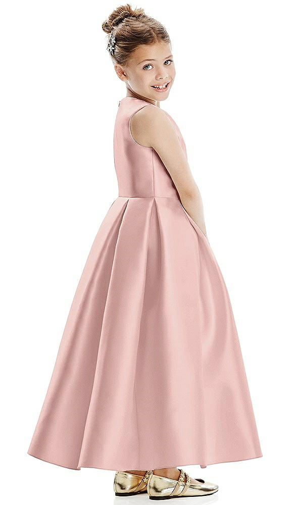 Back View - Rose - PANTONE Rose Quartz Faux Wrap Pleated Skirt Satin Twill Flower Girl Dress with Bow
