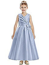 Front View Thumbnail - Sky Blue Faux Wrap Pleated Skirt Satin Twill Flower Girl Dress with Bow