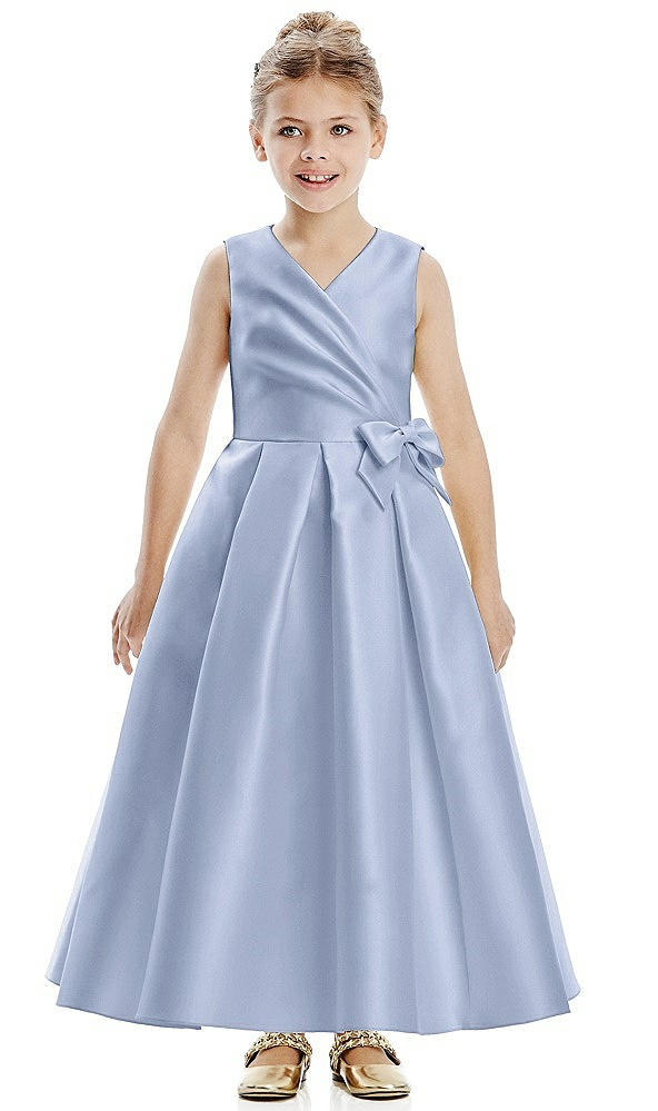 Front View - Sky Blue Faux Wrap Pleated Skirt Satin Twill Flower Girl Dress with Bow