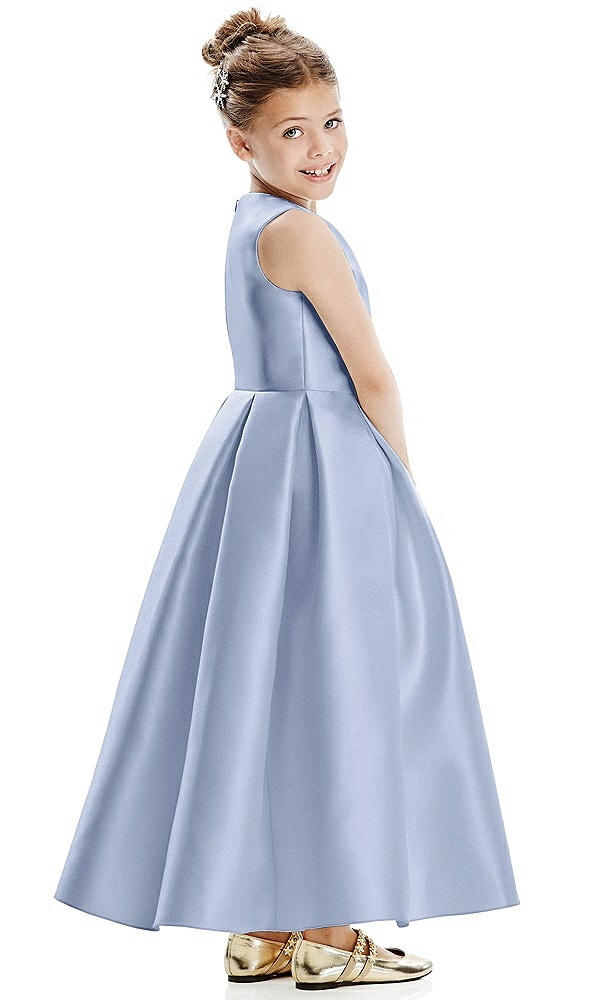 Back View - Sky Blue Faux Wrap Pleated Skirt Satin Twill Flower Girl Dress with Bow