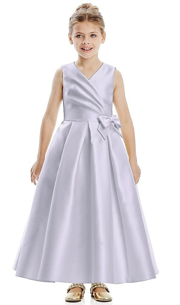 Front View - Silver Dove Faux Wrap Pleated Skirt Satin Twill Flower Girl Dress with Bow