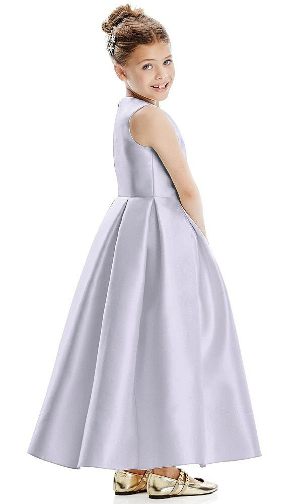 Back View - Silver Dove Faux Wrap Pleated Skirt Satin Twill Flower Girl Dress with Bow