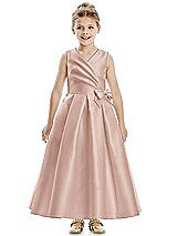 Front View Thumbnail - Toasted Sugar Faux Wrap Pleated Skirt Satin Twill Flower Girl Dress with Bow