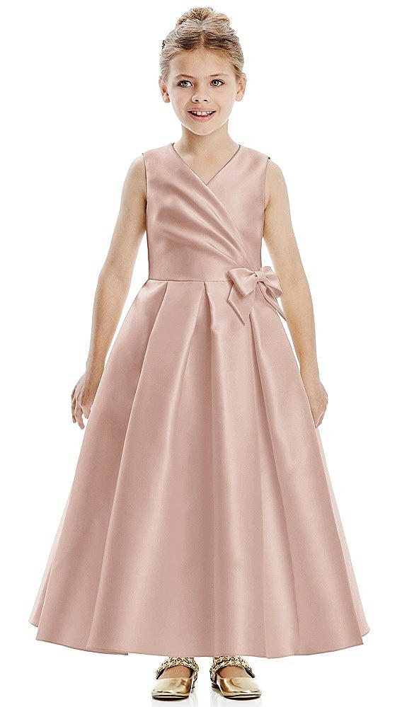 Front View - Toasted Sugar Faux Wrap Pleated Skirt Satin Twill Flower Girl Dress with Bow