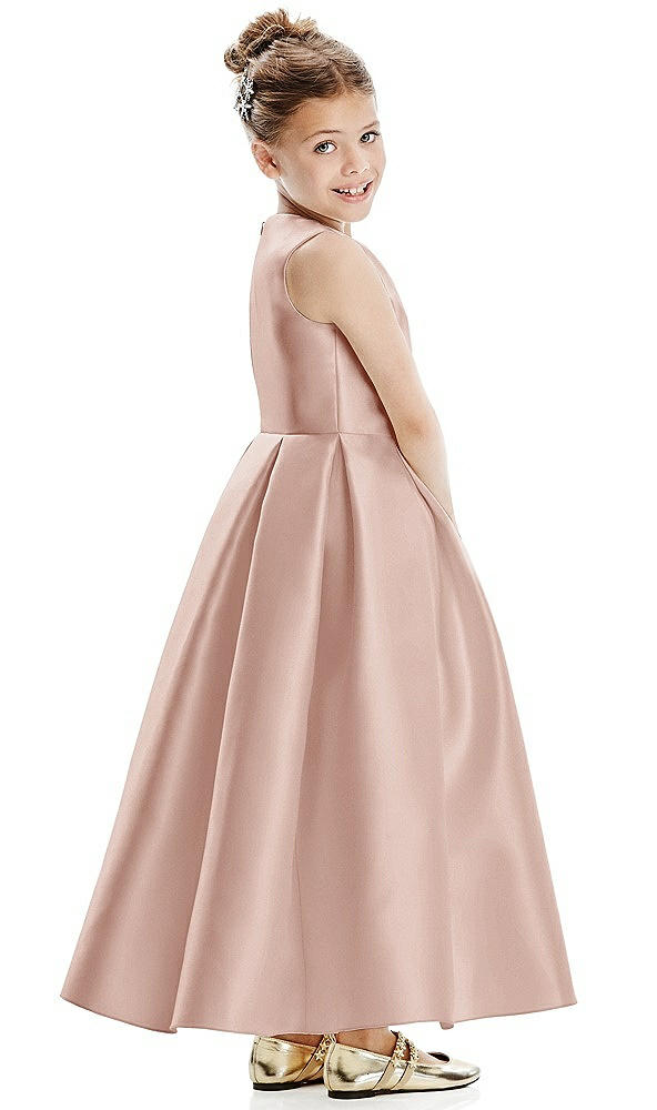 Back View - Toasted Sugar Faux Wrap Pleated Skirt Satin Twill Flower Girl Dress with Bow
