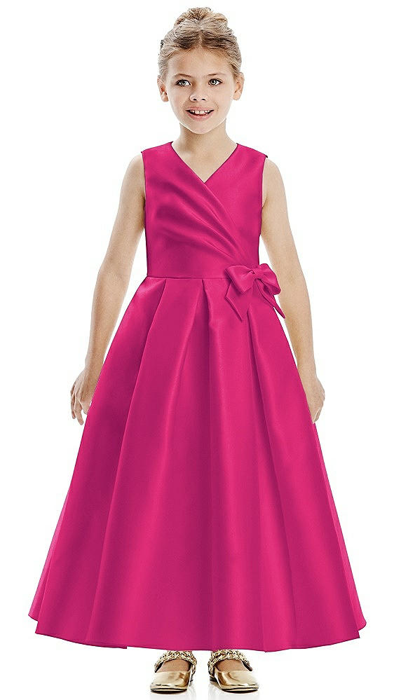 Front View - Think Pink Faux Wrap Pleated Skirt Satin Twill Flower Girl Dress with Bow
