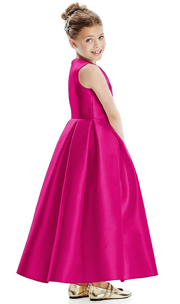 Back View - Think Pink Faux Wrap Pleated Skirt Satin Twill Flower Girl Dress with Bow