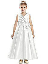 Front View Thumbnail - White Faux Wrap Pleated Skirt Satin Twill Flower Girl Dress with Bow