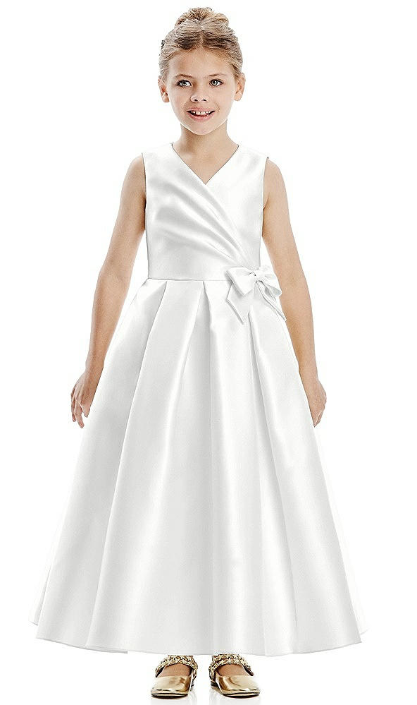 Front View - White Faux Wrap Pleated Skirt Satin Twill Flower Girl Dress with Bow