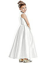 Rear View Thumbnail - White Faux Wrap Pleated Skirt Satin Twill Flower Girl Dress with Bow
