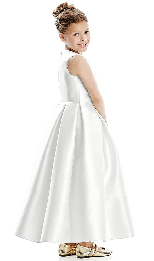 Back View - White Faux Wrap Pleated Skirt Satin Twill Flower Girl Dress with Bow