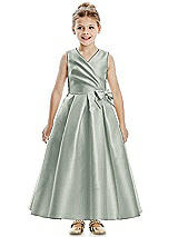 Front View Thumbnail - Willow Green Faux Wrap Pleated Skirt Satin Twill Flower Girl Dress with Bow