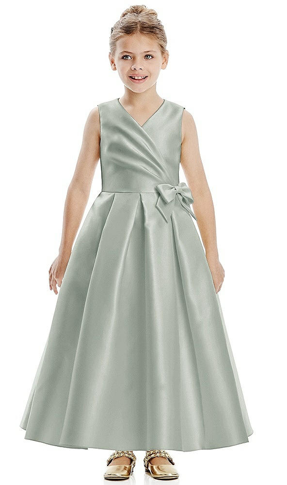 Front View - Willow Green Faux Wrap Pleated Skirt Satin Twill Flower Girl Dress with Bow