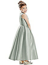 Rear View Thumbnail - Willow Green Faux Wrap Pleated Skirt Satin Twill Flower Girl Dress with Bow