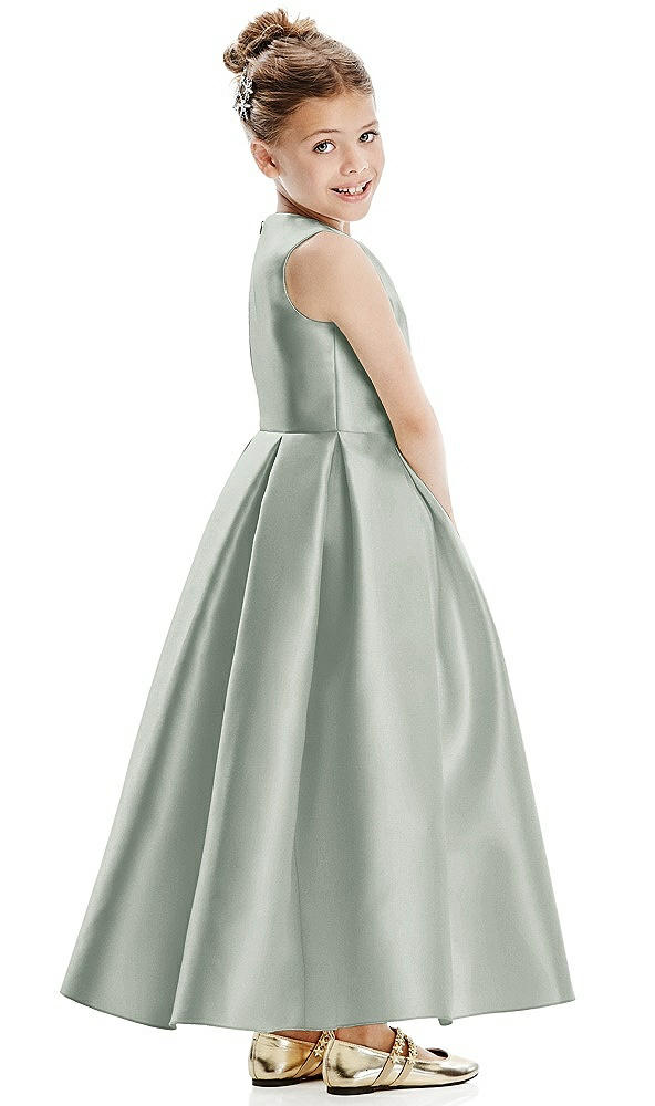 Back View - Willow Green Faux Wrap Pleated Skirt Satin Twill Flower Girl Dress with Bow