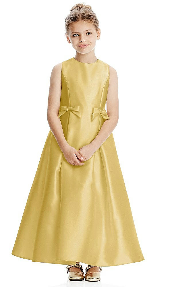 Front View - Maize Princess Line Satin Twill Flower Girl Dress with Bows