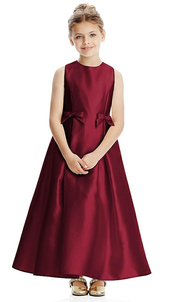 Front View - Burgundy Princess Line Satin Twill Flower Girl Dress with Bows