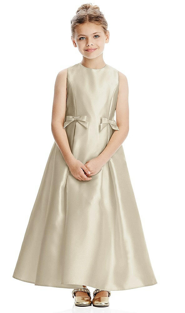 Front View - Champagne Princess Line Satin Twill Flower Girl Dress with Bows