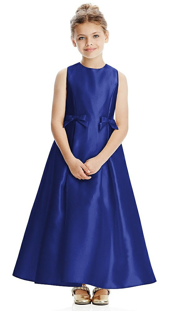 Front View - Cobalt Blue Princess Line Satin Twill Flower Girl Dress with Bows