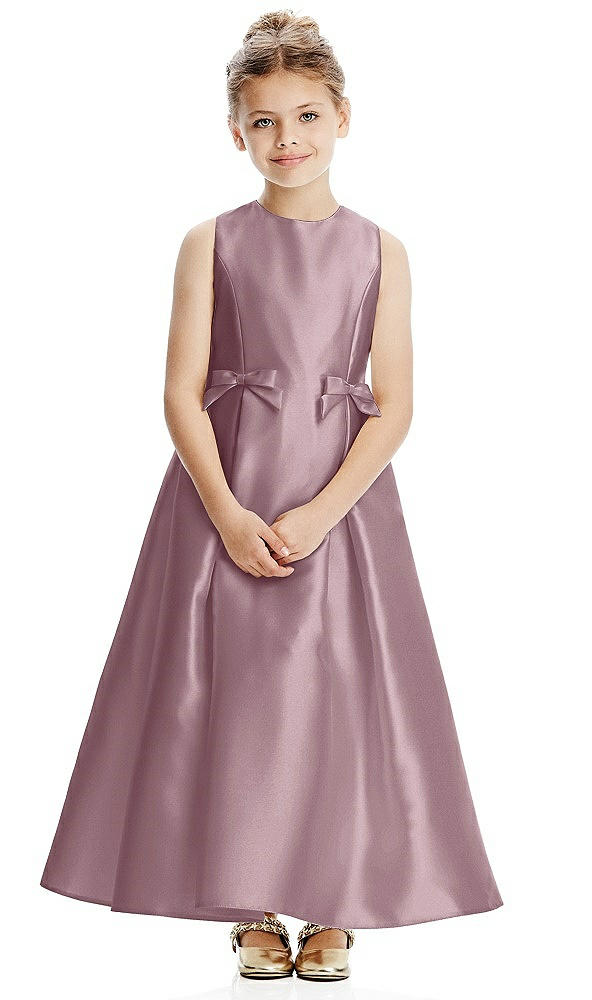 Front View - Dusty Rose Princess Line Satin Twill Flower Girl Dress with Bows