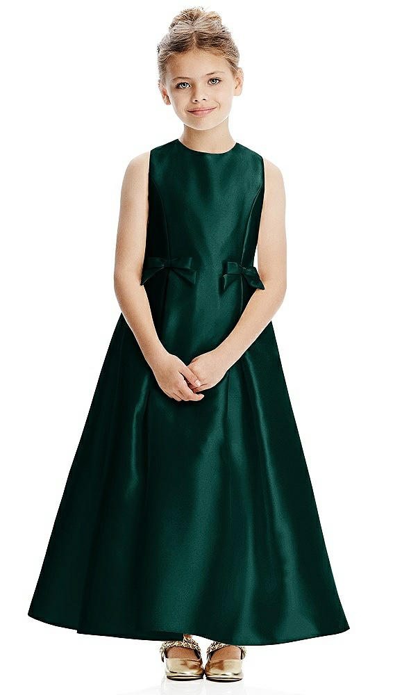 Front View - Evergreen Princess Line Satin Twill Flower Girl Dress with Bows