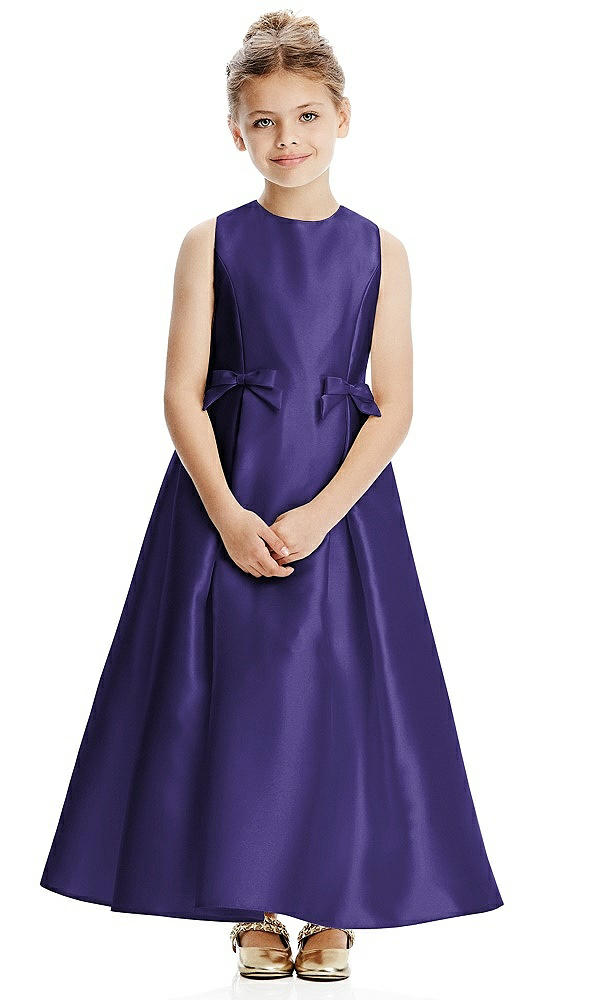 Front View - Grape Princess Line Satin Twill Flower Girl Dress with Bows